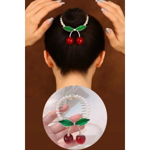 Altın Renk Kiraz Figürlü İnci Detaylı Sallantılı Topuz Tokası