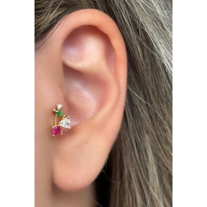 Altın Renk Kiraz Figürlü Taş Detaylı Çelik Tragus/Kıkırdak Küpe/Piercing (Tek)