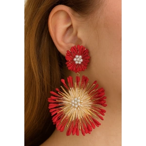 Altın Renk Kırmızı Çiçek Figürlü Tasarım Küpe (Çift)