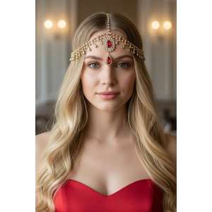 Altın Renk Kırmızı Taş Detaylı Alınlık/Kına Aksesuarı