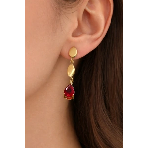 Altın Renk Kırmızı Taş Detaylı Çelik Küpe (Çift)