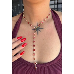 Altın Renk Kırmızı Taşlı Kalp Figürlü Çelik Y Kolye