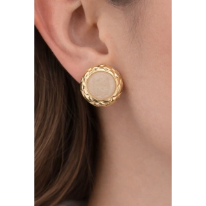 Altın Renk Krem Taş Detaylı Küpe (Çift)