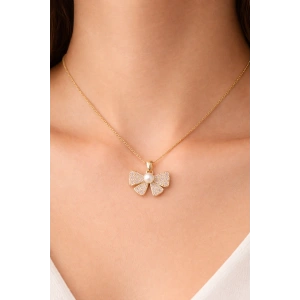 Altın Renk Kurdele Figürlü İnci Detaylı  Çelik Kolye