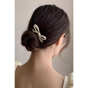 Altın Renk Kurdele Figürlü İnci Detaylı Metal Topuz Tokası/ Kalemi