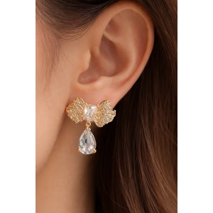 Altın Renk Kurdele Figürlü Taş Detaylı 14K Altın Kaplama Küpe (Çift)