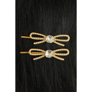 Altın Renk Kurdele Figürlü Taş Detaylı 2li Yan Toka