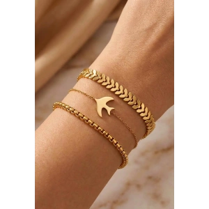 Altın Renk Kuş Figürlü 3lü Çelik Bileklik