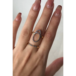 Altın Renk Lacivert Taş Detaylı Ayarlanabilir Çelik Yüzük