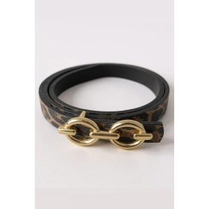 Altın Renk Leopar Desenli Kadın Deri Kemer