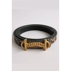 Altın Renk Leopar Desenli Kadın Deri Kemer