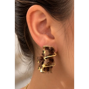 Altın  Renk Leopar Detaylı 14K Altın Kaplama Halka Küpe (Çift)