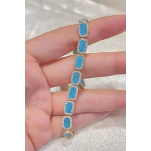 Altın Renk Mavi Taş Detaylı 14K Altın Kaplama VİP Bileklik