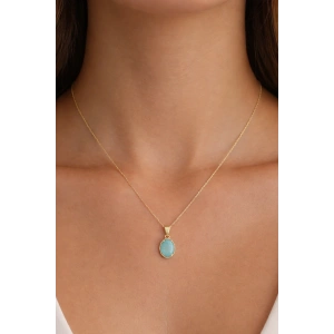 Altın Renk Mavi Taş Detaylı Çelik Kolye