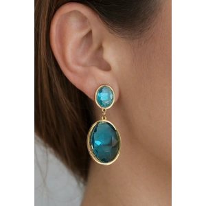 Altın Renk Mavi Taş Detaylı Çelik Küpe (Çift)