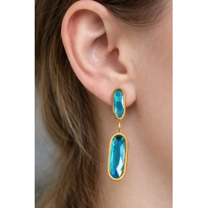 Altın Renk Mavi Taş Detaylı Çelik Küpe (Çift)