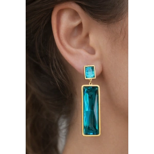 Altın Renk Mavi Taş Detaylı Çelik Küpe (Çift)