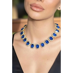 Altın Renk Mavi Taş Detaylı Tasarım Abiye Kolye