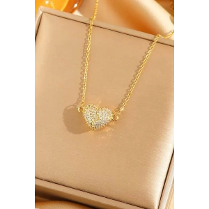 Altın  Renk Mıknatıslı Kalp Figürlü Taşlı Çelik Kolye