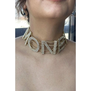 Altın Renk Money Yazılı Taş Detaylı Tasarım Kolye