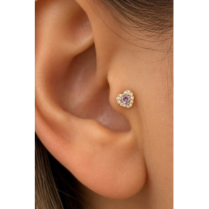 Altın Renk Mor Kalp Detaylı Cerrahi Çelik Tragus/Kıkırdak Küpe/Piercing (Tek)