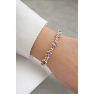 Altın Renk Mor Taş Detaylı 14K Altın Kaplama VİP Bileklik