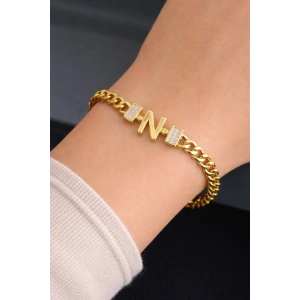 Altın Renk N Harf Çelik Bileklik