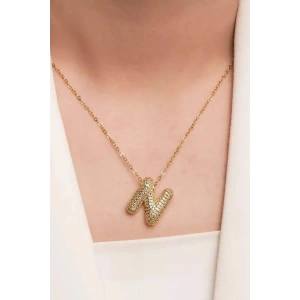 Altın Renk N Harf Taş Detaylı Çelik Kolye