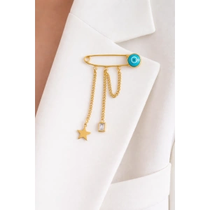 Altın Renk Nazar Boncuk Figürlü Kilitli İğne Figürlü Çelik Küpe (Çift)