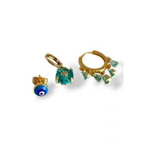 Altın Renk Nazar Boncuk Figürlü Taş Detaylı 3lü YSX Küpe Set