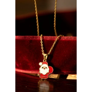 Altın Renk Noel Baba Figürlü Çelik Yılbaşı Kolyesi