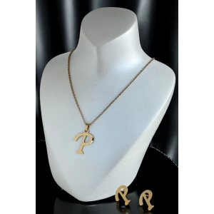 Altın Renk P Harfli Çelik Kolye Ve Küpe Set