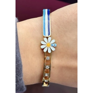 Altın Renk Papatya Figürlü Taş Detaylı Çelik Kelepçe Bileklik