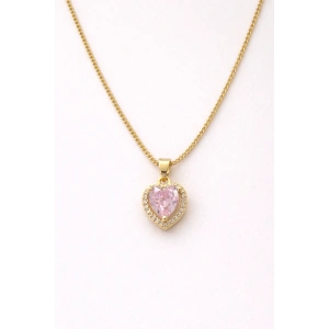 Altın Renk Pembe Kalp Figürlü Çelik Kolye