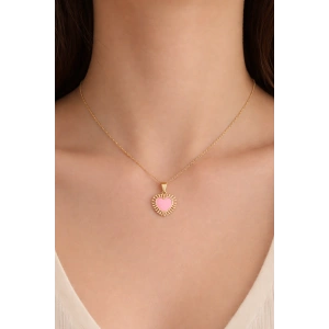 Altın Renk Pembe Kalp Figürlü Taş Detaylı Çelik Kolye