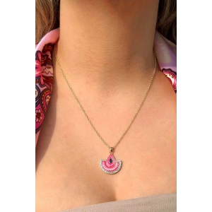 Altın Renk Pembe Mineli 14K Altın Kaplama Kolye