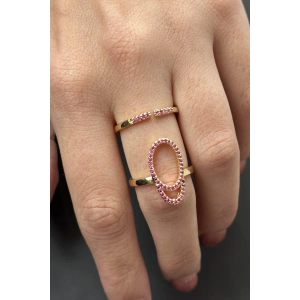 Altın Renk Pembe Taş Detaylı Ayarlanabilir Çelik Yüzük