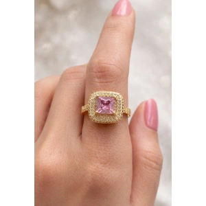Altın Renk Pembe Taş Detaylı Ayarlanabilir Yüzük