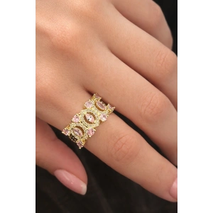 Altın Renk Pembe Taş Detaylı Ayarlanabilir Yüzük