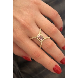 Altın Renk Pembe Taş Detaylı Ayarlanabilir Yüzük