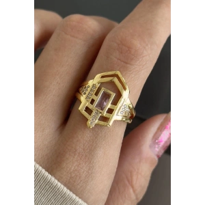 Altın Renk Pembe Taş Detaylı Ayarlanabilir Yüzük