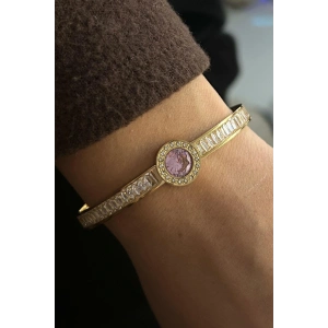 Altın Renk Pembe Taş Detaylı Çelik Kelepçe Bileklik