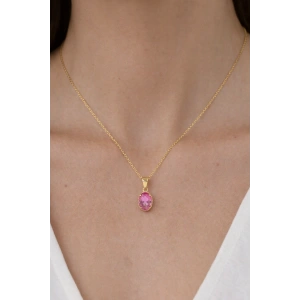 Altın Renk Pembe Taş Detaylı Çelik Kolye