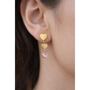 Altın Renk Pembe Taş Detaylı Çelik Küpe (Çift)