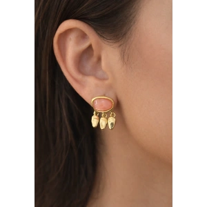 Altın Renk Pembe Taş Detaylı Küpe (Çift)