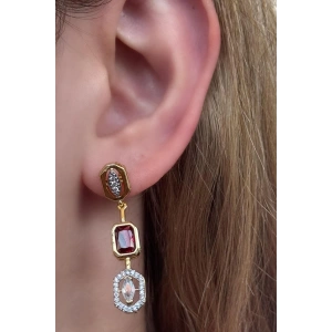 Altın Renk Pembe Taş Detaylı YSX Küpe (Çift)