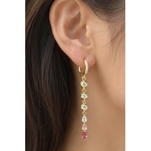 Altın Renk Pembe Taşlı Sallantılı Küpe (Çift)