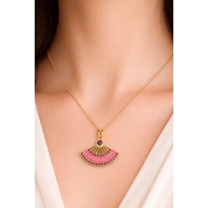 Altın Renk Pembe Yelpaze Figürlü Çelik Kolye