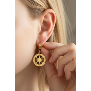 Altın Renk Pusula Figürlü Çelik Küpe (Çift)