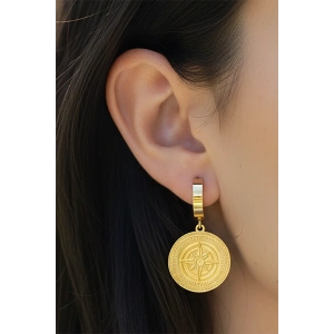 Altın Renk Pusula Figürlü Çelik Küpe (Çift)